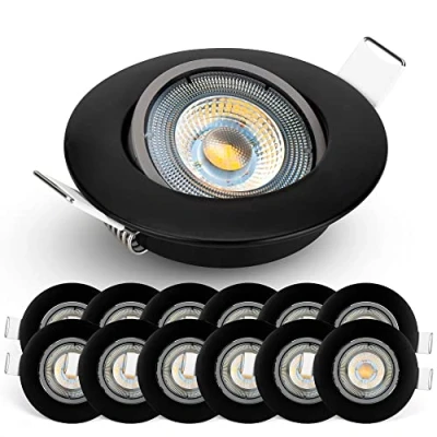 Afbeelding van Emos led inbouwspot, 230 V, 5 W/450 lm, 50 graden draaibaar, inbouwlamp, neutraal wit, 4000 K, set van 12 plafondspots voor binnen, extra plat, rond, kleur zwart