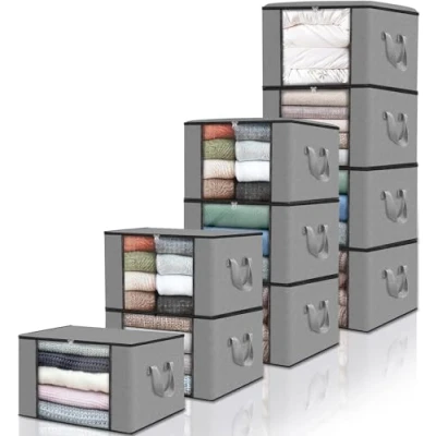 Image de edihome, Sac de Rangement Vetement, (X pièces), Boite Sous le Lit, Caisse Pliable, en Tissu Solide, Poignées Renforcées (Gris clair, Pack 10)