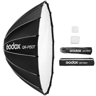 Afbeelding van Godox QR P150T 150 cm diepe parabolische lichtbox, snelsluiting, opvouwbaar, met standaard Bowens houder en diffusers, voor Speedlite flits, continu licht, fotografie, portret