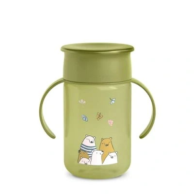 Afbeelding van Suavinex, Leren mok met druppelvrije schijf, babybeker, Magic Cup, 360 lekvrije rand, handgrepen, hygiënische deksel, kinderglas + 12 maanden, 340 ml, groene beren