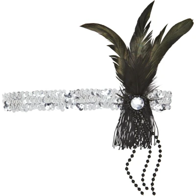 Afbeelding van Widmann Hoofdband Pailletten Zilver Met Veren En Parels Carnavalskleding Verkleedkleding