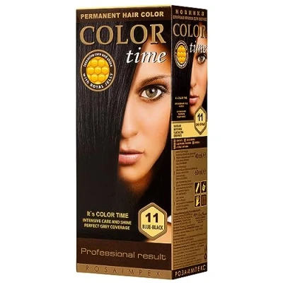 Afbeelding van COLOR TIME permanente gelkleur kleur blauw zwart 11 verrijkt met koninginnengelei en vitamine C haarkleuring dekt grijs haar 100 ml