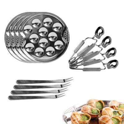 Afbeelding van Cook Concept KU6097 Proeverijset, slakken, 4 personen, borden, vorken en klemmen, roestvrij staal, grijs, H22,5 x 3,3 32 cm