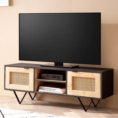 Afbeelding van Sky Style Bridge Zwart Mango / Rattan TV meubel 2 Deuren