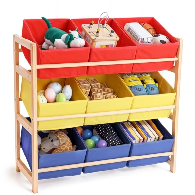 Afbeelding van BELLE VOUS Multi Bin Toy Organizer 3 tier with Storage Bins solid wood and fabric