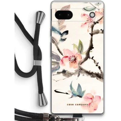 Afbeelding van Case Company® hoesje met Koord geschikt voor Google Pixel 6a Japanse bloemen Telefoonhoesje Zwart Bescherming aan alle Kanten en Over de Schermrand