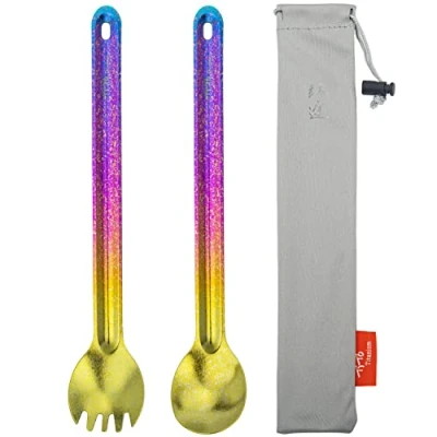Afbeelding van TiTo Titanium Lepel en vork met lange handgreep, ultralicht draagbaar, titanium, spork, besteklepel tas voor kamperen, wandelen, picknick, keukengerei (sportbox)