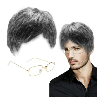 Afbeelding van XNIVUIS 2 stuks herenpruiken met bril, opa pruiken, donkergrijze kostuumaccessoires voor Halloween, carnaval, feesten, cosplay (set B)