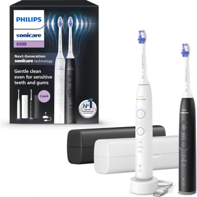Afbeelding van Philips Sonicare 6500 Series Elektrische Tandenborstel Zwart &amp; Wit Duopack Reisetui Gevoelige tanden HX7419/01