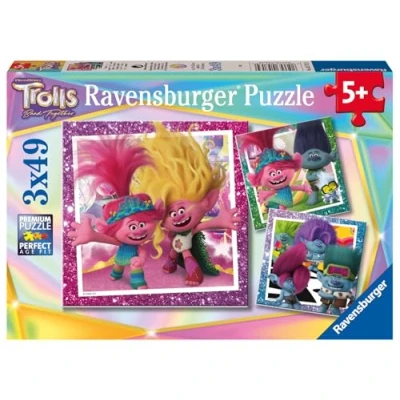 Afbeelding van Ravensburger Kinderpuzzel Set van 3 puzzels 49 stukjes Pop stopt nooit/Trolls Meisje of jongen vanaf 5 jaar Hoogwaardige puzzel posters inbegrepen Trolls 05713
