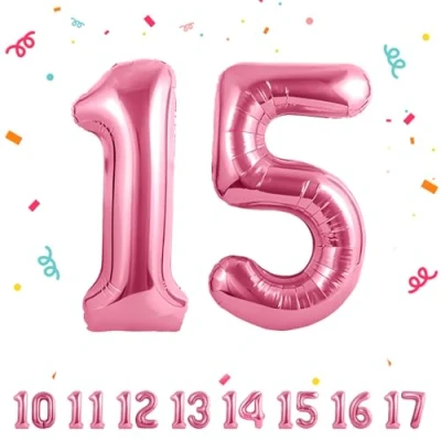 Afbeelding van Verjaardagsballonnen 15 roze 100 cm ballon cijfer 15, nummer Happy Birthday decoratie, ballonnen, verjaardagsfeest, jaren vliegen dankzij helium