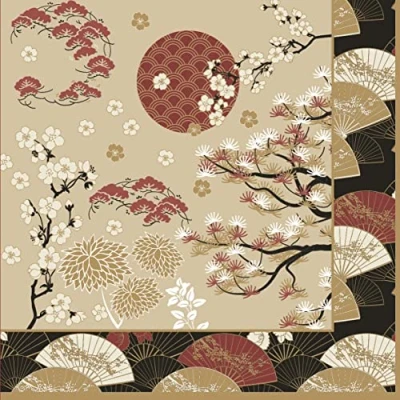 Afbeelding van Servetten Aziatische natuur, 20 stuks, waaiers, Japan, Azië, zon, tafeldecoratie, decoupage, servettechniek, 33 x cm