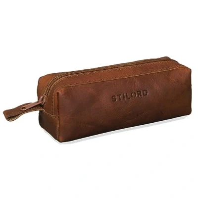 Afbeelding van STILORD &#039;Linus&#039; lederen pennenetui vintage etui pennen pennenhouder school mannen en vrouwen, Bruin Cognac, Classic