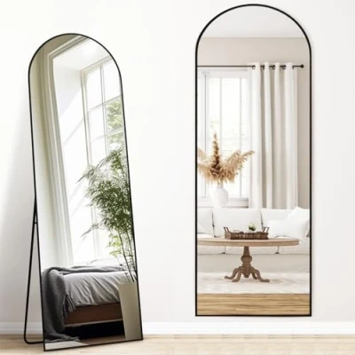 Afbeelding van Melodieux Spiegel in volledige lengte, 161 x 52 cm, boog, grote vrijstaande spiegel, aluminium frame, zwart, voor kleedkamer, woonkamer, slaapkamer