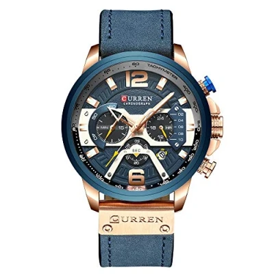 Afbeelding van CURREN Analoog kwartshorloge voor heren met kalender en leren band, Blauw, chronograaf, Chronograaf