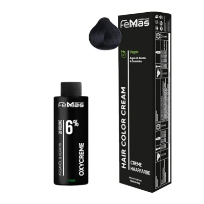 Afbeelding van Femmas Haarverfset zwart 1 I Hair Color Cream 100 ml + oxycreme 6% permanente haarkleur ontwikkelaar zacht en duurzaam haarverf voor salon thuis