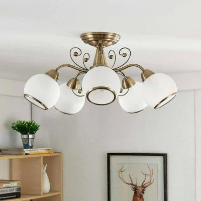 Afbeelding van Lindby plafondlamp 5lichts glas, metaal H: 26 cm E14 wit gesatineerd, oudmessing
