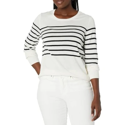 Image de Amazon Essentials Chandail léger à manches longues et col ras du cou pour femme (disponible en grande taille), rayures noires blanches, taille M