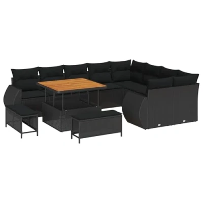 Afbeelding van vidaXL 12 delig tuinbank set met kussens zwart poly riet acacia