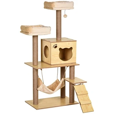 Afbeelding van Pawhut Kattenboom eigentijds design krabpalen sisal natuurlijke nis platformen hangmat bal spaanplaat beige