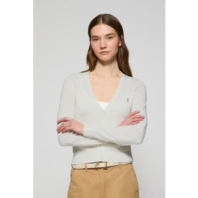 Afbeelding van Polo Club Dames Beige Gebreide Cardigan Met Knopen, V Hals En Geborduurd Rigby Go Logo S