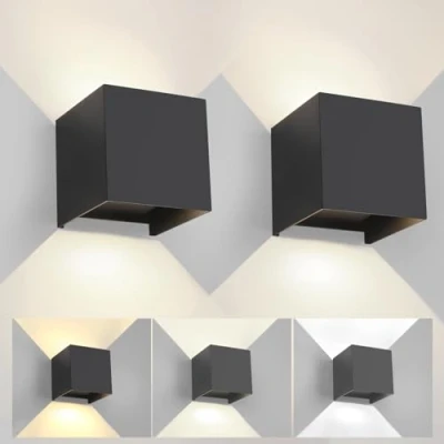 Afbeelding van Wandlamp voor buiten, binnen, verstelbaar, 3 kleuren, led, wandlamp, IP65, waterdicht, modern, zwart, 15 W, vierkante aluminium instelling van de stralingshoek, 11 cm, 2 stuks