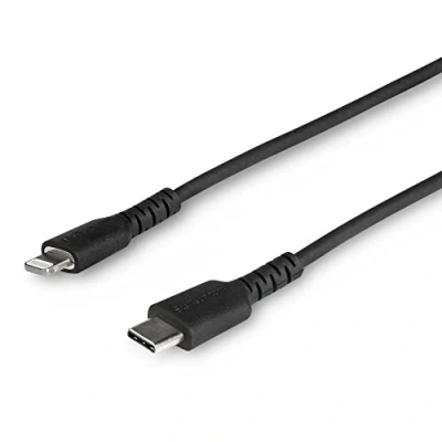Image de StarTech.com Câble USB C vers Lightning Noir Robuste 1 m de Charge/Synchronistation Type Fibre Aramide iPad/iPhone 12 Certifié Apple Mfi (RUSBCLTMM1MB) mâle pour 24 pin