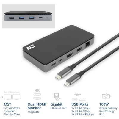 Afbeelding van ACT USB C 4K MST dockingstation voor 2 HDMI monitoren, Ethernet, C, 3x A, PD passthrough en 1 meter lange afneembare kabel