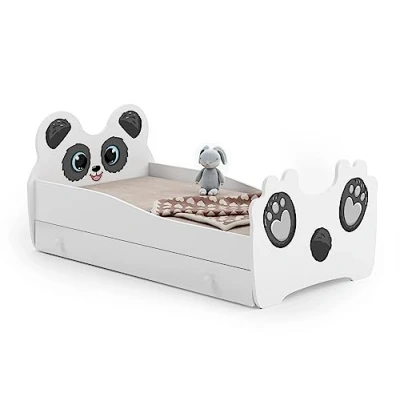 Afbeelding van KOBI Kinderbed, meisjesbed, met matras en frame, babykamer, eenpersoonsbed barrière, wit, 160 x 80 cm, panda, lade