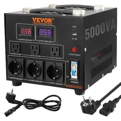 Image de VEVOR Transformateur 220 V⇄110 V Convertisseur de Tension Élévateur Abaisseur 5000 VA Puissance avec 3 Prises US NEMA 5 15R Broches EU Shucko 1 Port USB Prise Type C