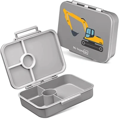 Afbeelding van My Vesperbox Bia Bento Box voor kinderen 100% lekvrij en BPA vrij Extreem robuust Lunchbox Ideaal kleuterschool school (grijs graafmachine)