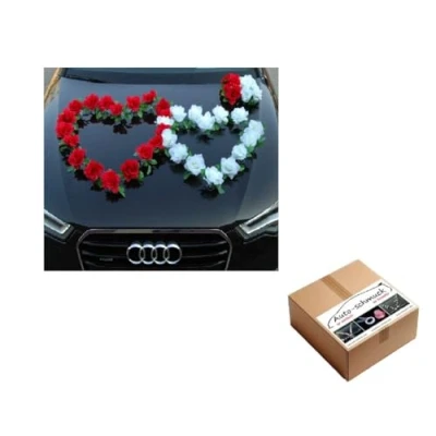 Afbeelding van DUBBEL hart Auto sieraden bruidspaar roos Decoratie Autoschmuck Bruiloft Ratan (Rood/Zuiver Wit), 34x24x14