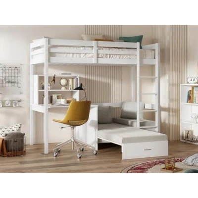 Afbeelding van Vente unique Hoogslaper GOLIATH II met bureau, bedbank en opbergruimte 90 x 200 cm Massief grenen Gebleekt L 207.8 H 178.8 D 96.8