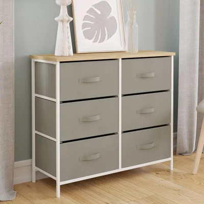 Afbeelding van Commode 6 tiroirs en tissu ALTA 80 cm gris clair et plateau effet bois design industriel