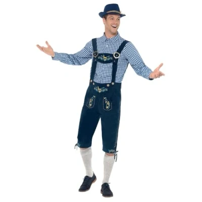Afbeelding van Smiffy&#039;s Boeren Tirol &amp; Oktoberfest Kostuum Luxe Beierse Lederhosen Met Hemd Rutger Man Blauw Medium Bierfeest Verkleedkleding