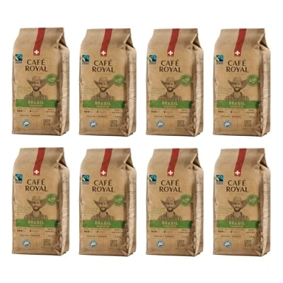 Afbeelding van 8 x 500 g Café Royal Brasil Classico geroosterde koffiebonen praktisch formaat zakken van 0,5 kg intensiteit 3/5 bonen 100% duurzame Arabica uit Brazilië Fairtrade gecertificeerd