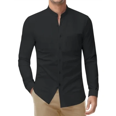 Afbeelding van DEMEANOR Stretch overhemd zonder kraag voor heren, lange mouwen, slim fit, kreukvrij, opstaande kraag, 1 Zwart