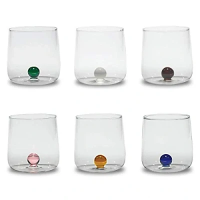 Afbeelding van Zafferano Bilia Tumbler van glas handgemaakt transparant glas, versierd met een gekleurde glazen bol binnenin, cl 44 h 90 mm d 88 set 6 stuks verschillende kleuren