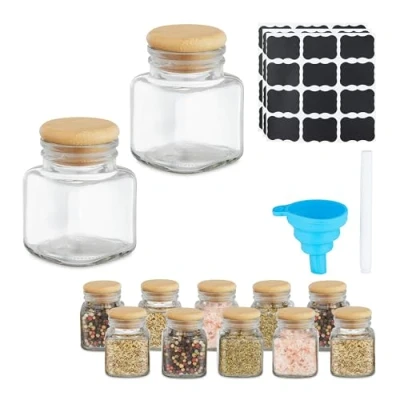 Afbeelding van Relaxdays kruidenpotje set van 12 met trechter en etiketten 100 ml glazen potje