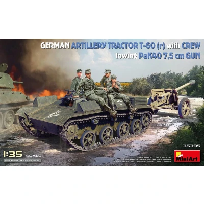 Afbeelding van 1:35 MiniArt 35395 German Artillery Tractor T 60(r) with Crew Towing PaK40 7.5cm Gun Plastic Modelbouwpakket