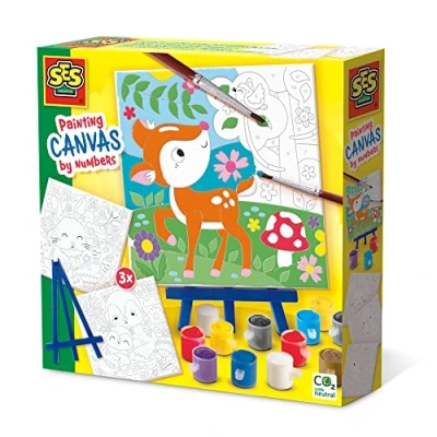 Afbeelding van SES Schilderen op nummer canvas Bosdieren 3 canvassen met 12 kleuren verf, 2 penselen en een schildersezeltje