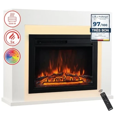 Afbeelding van KAMINIO Elektrische haard MATTI staande met verwarming, 3D vlammeneffect, LED sfeerverlichting, afstandsbediening Wit