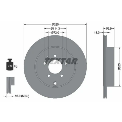Afbeelding van TEXTAR PRO 92223603 Remschijf 325 18 05/07 114,3 interne ventilatie Gecoat Zonder wielbevestigingsbout, wielnaaf MAZDA: CX 7