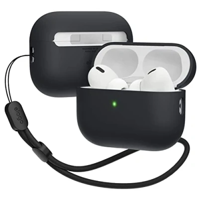 Afbeelding van elago Siliconen beschermhoes compatibel met Apple AirPods Pro 2e generatie, ronde polsband, drievoudige laagse structuur, schokbestendige hoes (zwart)