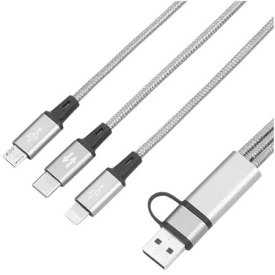 Afbeelding van Callstel 3 in 1 snellaadkabel: micro USB, USB C en Lightning, textiel, 30 cm, A (meervoudige oplaadkabel)