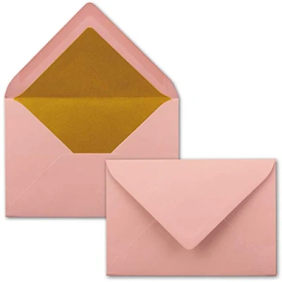 Afbeelding van 10 enveloppen in oudroze DIN C6 114 x 162 mm 11,4 16,2 cm nat lijmen mat oppervlak en goudmetalen voering zonder venster voor uitnodigingen