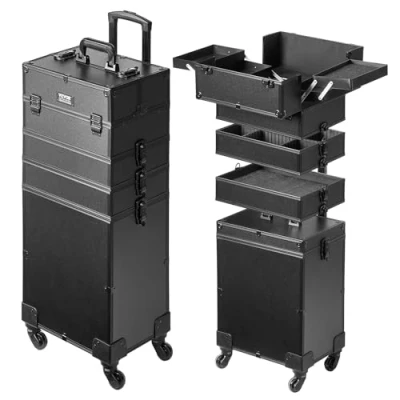 Image de VEVOR Mallette de Maquillage à Roulettes 5en1 Valise Rangement Aluminium Boîte Trousse Professionnelle Voyage Roues Pivotantes 360 Tige Traction Réglable Cadeau Maquillage, Noir