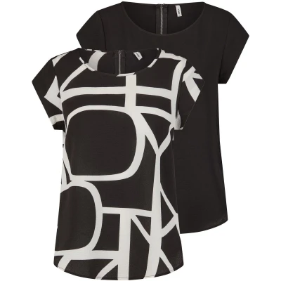 Afbeelding van ONLY ONLVIC Lot de 2 t shirts pour femme Coupe droite Col rond Manches courtes Motif basique Couleur unie Blanc, noir, vert, rose, bleu, 34, 36, 38, 40, 42, 44, Noir/Maritime Great Logo