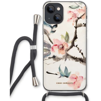 Afbeelding van Case Company® hoesje met Koord geschikt voor iPhone 13 Japanse bloemen Telefoonhoesje Zwart Extra Bescherming aan alle Kanten en Over de Schermrand