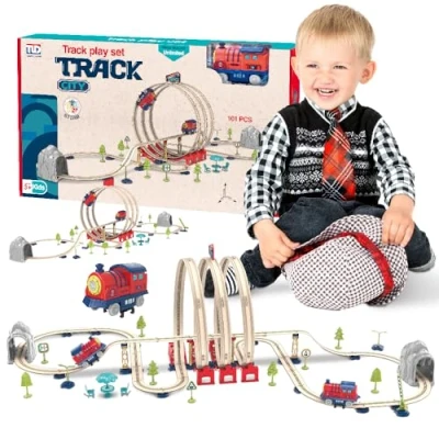 Afbeelding van sun baby Elektrische locomotief voor kinderen vanaf 3 jaar, speelgoed met gesp, brug, tunnel, verkeersborden, bomen, bergen
